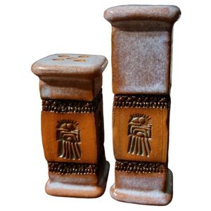 Vtg Glazed Pottery Tower Salt & Pepper Shaker Set Dice Top Cork Plugs Side
